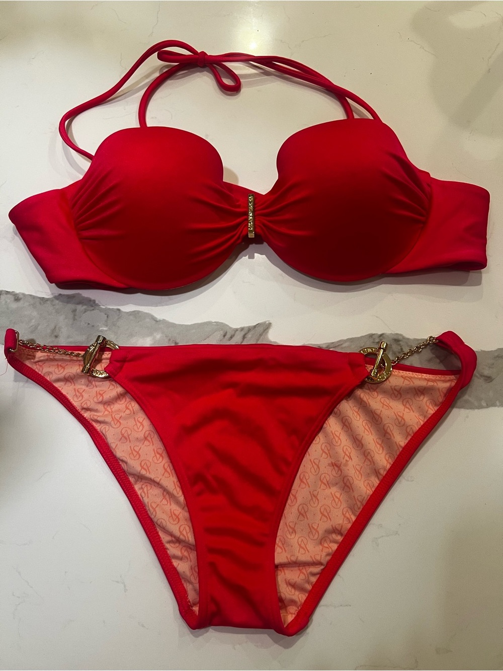 Victoria's Secret Red Bandeau Bikini with Gold Accents